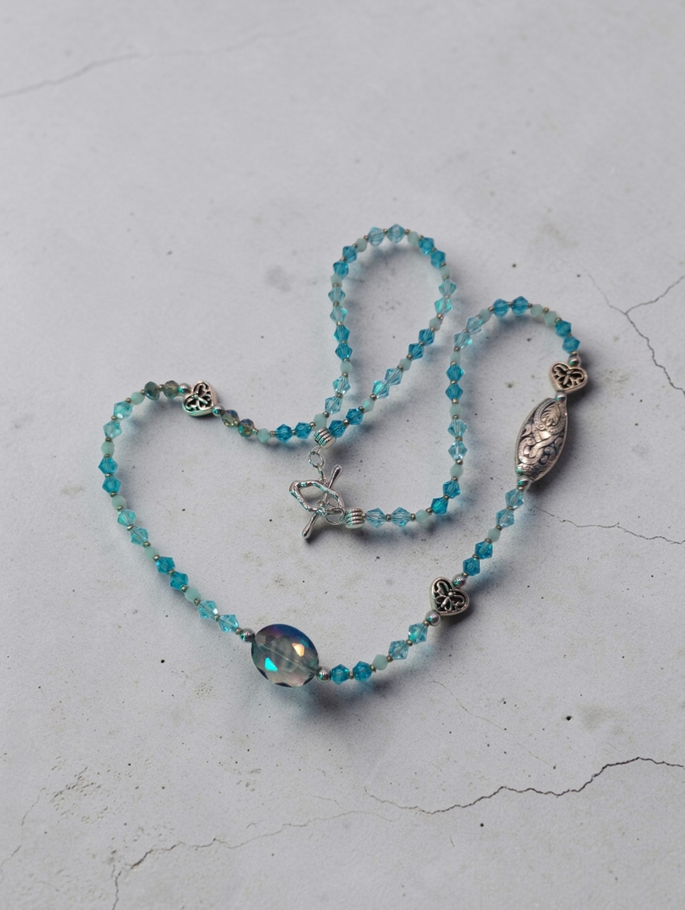 Sterling-Inspired Aqua Crystal Necklace with Opalescent Pendant